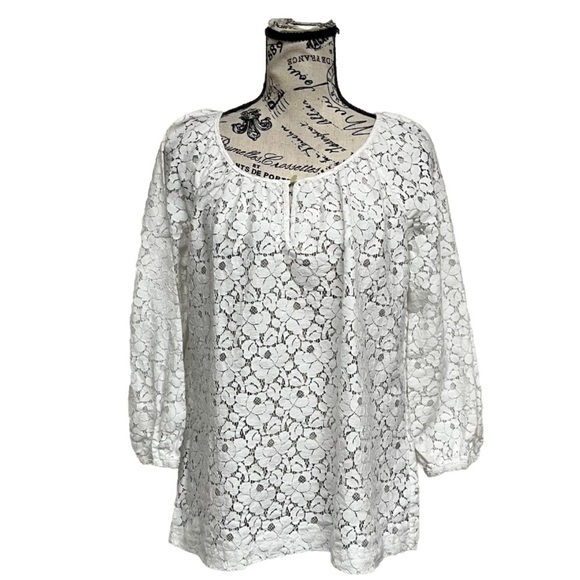 Charter Club Womens Peasant Boho Blouse Crochet Sheer Y2k Retro Angelcore Preppy - Picture 1 of 8